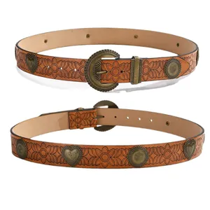 Ceinture pour femme en cuir marron avec gaufrage floral et boucles cœur vintage
