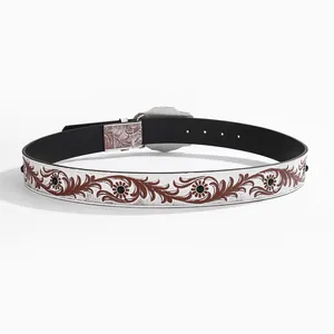 Ceinture Western en cuir blanc à motif floral avec boucle en métal sculpté