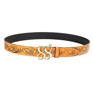 Vintage Y2K bohemian embossed leather belt in ginger yellow with golden crown 88 buckle