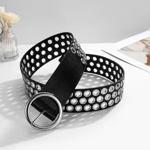 Schwarzer Y2K Punk Gürtel mit drei Reihen Silberösen und runder Metallschnalle für Damen