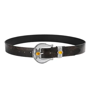 Western style faux leather belt with vintage silver buckle and amber gemstone inlay