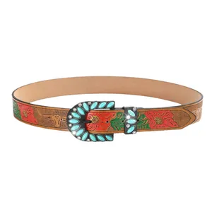 Bohemian leren riem met turquoise hoefijzer gesp en bloemen reliëf opdruk
