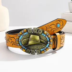 Vintage Western Cowboy Belt For Men Floral Embossed PU Leather Waistband With Large Cowboy Hat Buckle Turquoise Stones