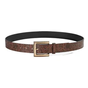 Brown floral embossed leather belt for women featuring a vintage rectangular gold buckle