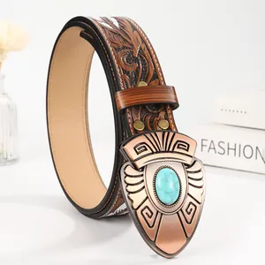 Ceinture vintage en cuir style western avec gaufrage floral et boucle turquoise
