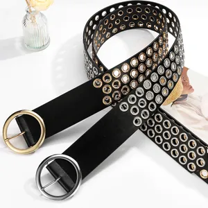 Damen Y2K Punk Breiter Kunstledergürtel Mit Metallösen Und Runder Dornschließe Vintage Mode Nieten Hüftgürtel Accessoire