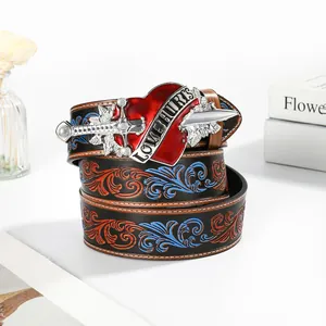 Vintage black leather belt with red heart love hurts buckle and floral embossing