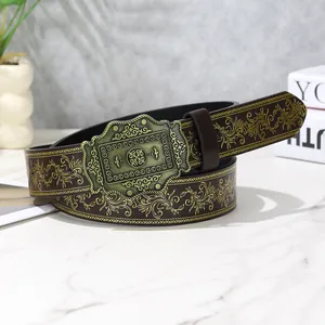 Vintage Y2K Punk Gürtel aus dunkelbraunem Leder mit goldenem Muster und Bronzeschnalle