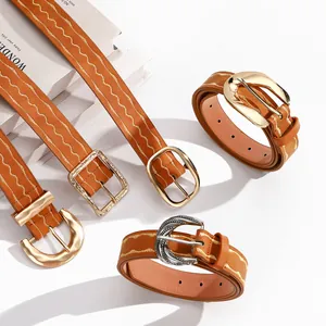 Ceinture Femme Vintage en Cuir PU Broderie de Vagues Boucle à Ardillon Or Argent Sangle de Taille Bohème Pour Robes Jeans