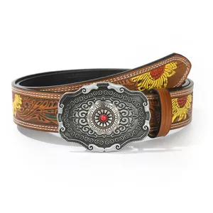 Western-Gürtel aus PU-Leder mit Sonnenblumen-Prägung und roter Steinschnalle