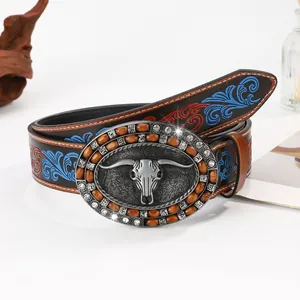 Western-Gürtel für Herren mit floral geprägtem Leder und Longhorn-Schädel-Metallschnalle