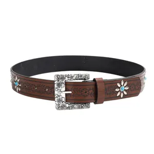 Vintage brown leather belt with floral embossing and turquoise studded metal buckle