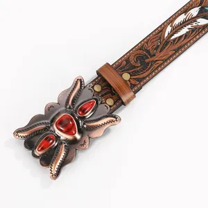 Ceinture vintage en cuir style western avec gaufrage floral et boucle en métal sculpté