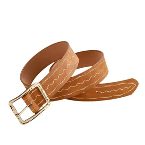 Ceinture marron pour femme avec broderie dorée et boucle ardillon en métal texturé