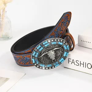 Western-Gürtel für Herren mit Stierkopf-Schnalle und blauen Blumenprägungen