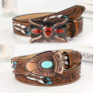 Ceinture Vintage Western Cowboy pour Femmes en Cuir PU Motif Floral Bosselé Boho Boucle en Alliage Turquoise pour Jeans