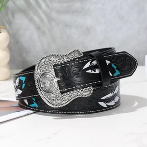Ceinture en cuir noir style western avec gaufrage floral et boucle de tournesol argentée