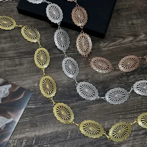 Western Retro Embossed Metal Waist Chain For Women Bohemian Radiating Sun Pattern Adjustable Link Belt Jewelry Gold Silver