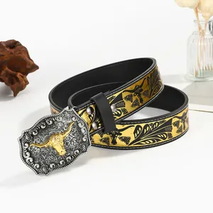 Ceinture punk vintage avec boucle tête de taureau gravée et cuir embossé doré