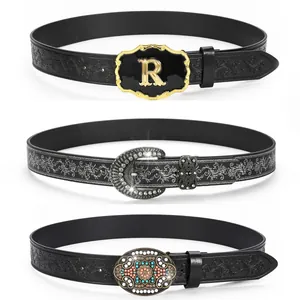 Vintage Western PU-leren Riem Reliëf Bloemenrank Patroon Legering Grote Gesp Strass Kralen Decor Casual Middel Riem