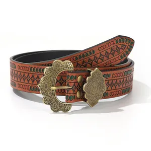 Brown embossed western leather belt with vintage floral engraved bronze buckle for men