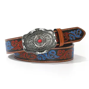 Vintage Western Cowboy PU-Ledergürtel mit roter Prägung und silberner Schnalle