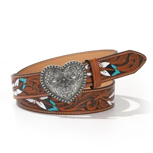 Cintura vintage in pelle da donna con piume goffrate e fibbia a cuore argentata