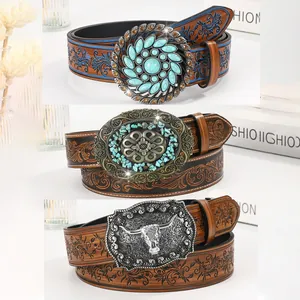 Western Cowboy PU Leather Belt With Large Turquoise Bull Head Buckle Vintage Floral Embossed Waist Strap For Jeans