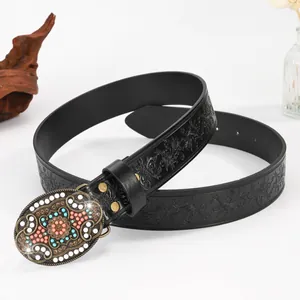 Retro heren lederen riem met bloemenreliëf en metalen gesp met turquoise kralen