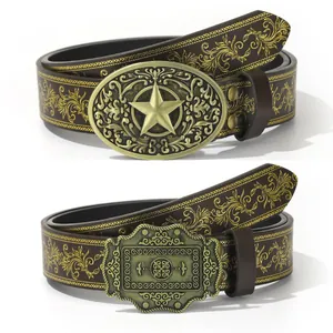 Vintage Western Cowboy PU Leder Gürtel Geprägt Gold Blumenmuster Stern Schnalle Y2K Punk Taille Riemen Für Damen Herren