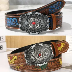 Western Cowboy PU Ledergürtel Mit Vintage Geprägtem Sonnenblumenmuster Große Geschnitzte Legierungsschnalle Für Damen Herren