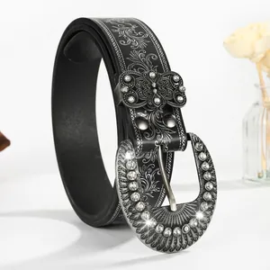 Heren retro leren riem met grote strass hoefijzer gesp en bloemmotief afwerking