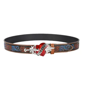Vintage style waist belt with red heart sword buckle and love hurts inscription