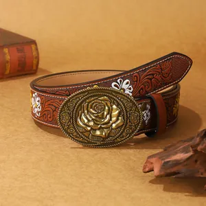 Western style floral embossed brown leather belt with carved rose metal buckle