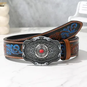 Western-Cowboygürtel aus PU-Leder mit Vintage-Blumenprägung und großer Silberschnalle