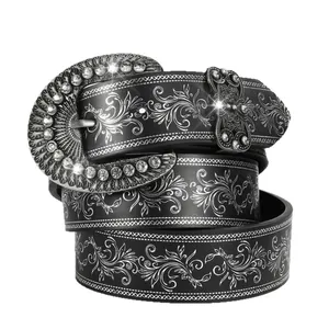 Vintage zwarte leren herenriem met zilveren bloemmotieven en een strass gesp
