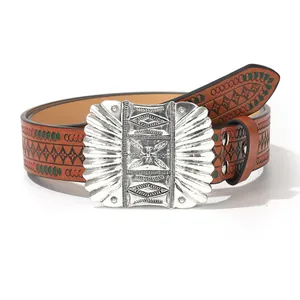Western cowboy brown leather belt with embossed patterns and engraved silver metal buckle