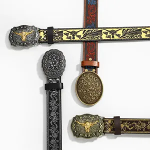 Ceinture Vintage Cow-boy de l'Ouest en Cuir PU Avec Boucle en Alliage Gravée Florale Tête de Taureau Punk Y2K Ceinture Gaufrée Homme Femme