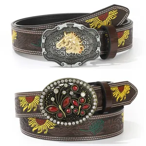 Vintage Western PU Leather Belt For Women Embossed Sunflower Pattern Alloy Buckle Horse Head Ruby Retro Cowboy Style Accessories