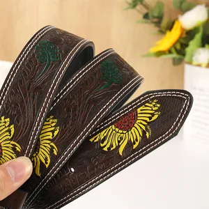 Vintage dark brown leather belt with embossed sunflowers and white stitching detail