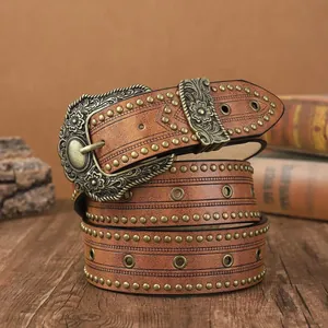 Ceinture cuir rétro bohème avec boucle florale vintage et rivets dorés sur cuir PU marron