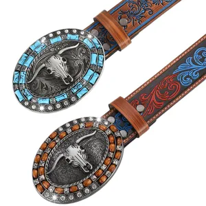 Western Cowboy Ledergürtel in Braun mit Bullenschädel-Schnalle und Türkis-Dekor