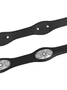 Detail of western black leather belt featuring carved floral metal plates and wavy edges