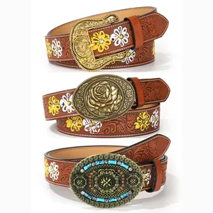 Vintage Western PU Leather Belt For Women Embossed Floral Pattern Bohemian Ethnic Style Alloy Sunflower Rose Buckle Casual Jeans Pant Waist Strap