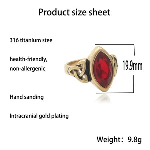 Retro-Ring aus Titanstahl mit marquise-rotem Edelstein und keltischen Knotenschnitzereien