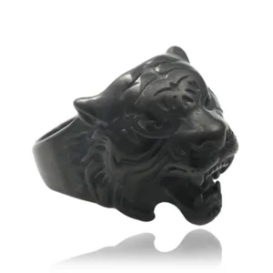Punk style matte black tiger head ring in stainless steel with realistic 3D carved details