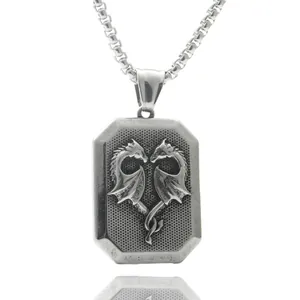 Vintage Punk Edelstahl Halskette mit Drachen-Herz Anhänger und silberner Box-Kette