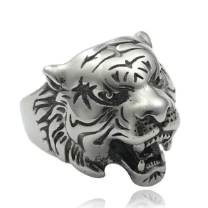 Vintage Punk Tiger Head Ring For Men 316 Titanium Steel Stainless Steel Animal Statement Finger Ring Hypoallergenic Polished Jewelry Gift