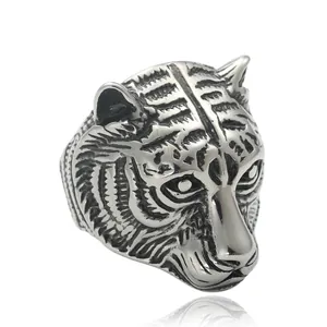 Bague Tête de Tigre Rétro en Acier Inoxydable 316 pour Hommes Punk Totem Animal Biker Band Ring Or Argent Bijoux Masculins