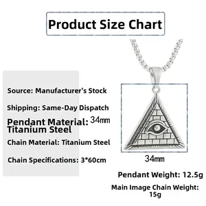 Size chart for triangle eye punk pendant in titanium steel with measurements and weight